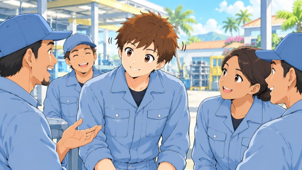 メキシコの工場で現地のスタッフと笑顔で話す作業服の日本人男性のイラスト
