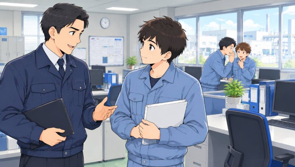 事務所で若い作業員に話しかける上司と、後ろでひそひそ話す同僚たち