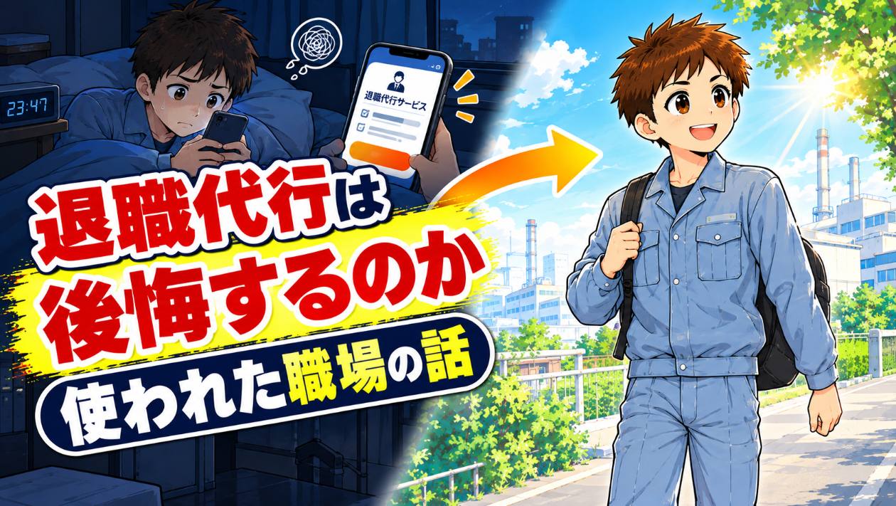 夜にスマホで退職代行のサイトを見て迷う男性と、朝に晴れやかな顔で歩き出す作業服の男性のアイキャッチ