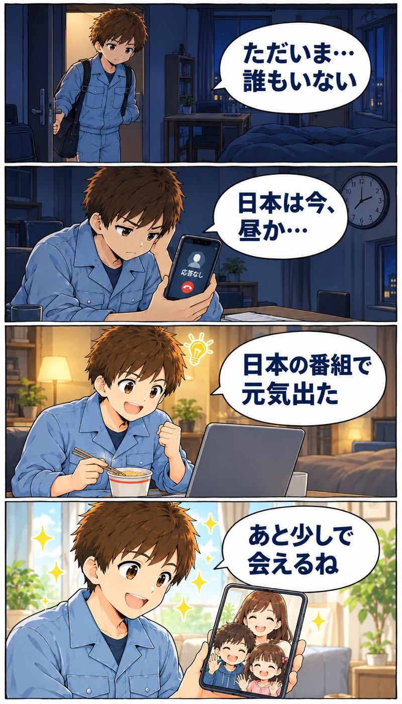 4コマ漫画。単身赴任先で誰もいない部屋に帰り、時差で日本と連絡が取れず、日本の番組で元気を出し、家族とのビデオ通話で再会を楽しみにする流れ