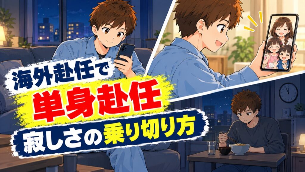 海外赴任の単身赴任で感じる寂しさの乗り切り方を示すアイキャッチ。夜の部屋でスマホを見る男性と、ビデオ通話で家族と話す男性