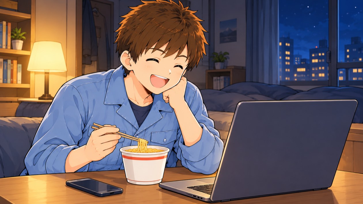 夜の部屋でカップ麺を食べながらノートパソコンで日本の番組を見て笑う作業着の男性のイラスト