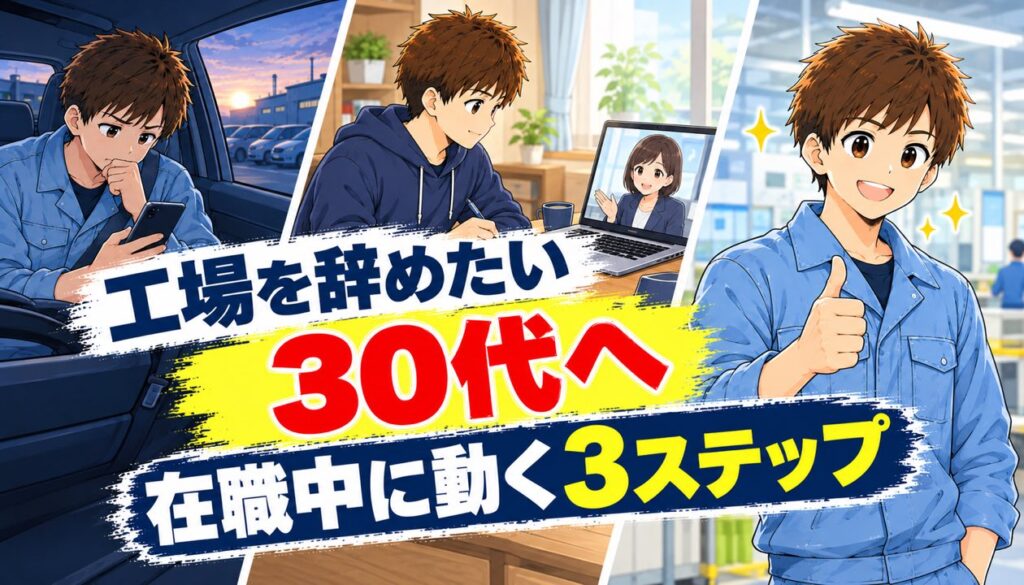工場を辞めたい30代へ、在職中に動く3ステップを示すアイキャッチ。夜勤明けの車内で悩む男性、オンラインで相談する男性、笑顔で親指を立てる男性