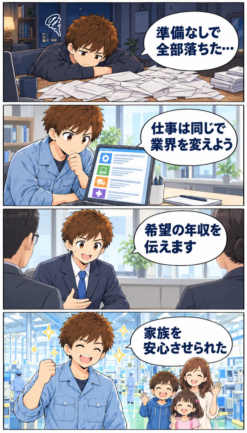 4コマ漫画。準備なしで全部落ちた男性が、仕事は同じで業界を変えると決め、面接で希望の年収を伝え、家族を安心させられた流れ