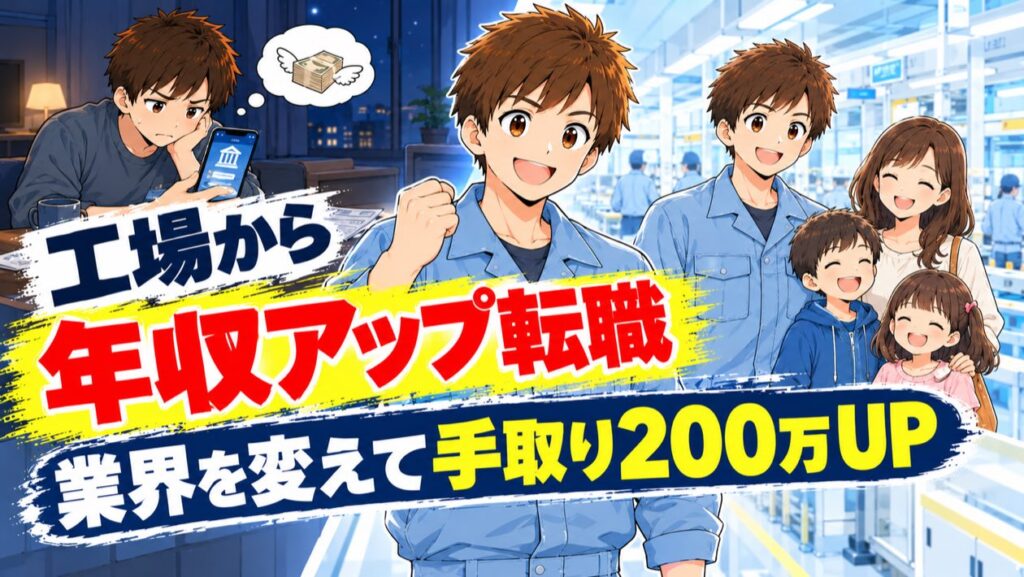 工場勤務から業界を変える年収アップ転職で手取り200万円アップしたことを示すアイキャッチ