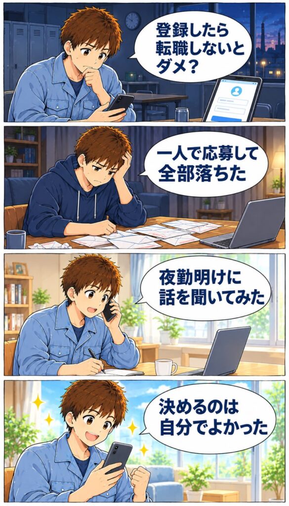 転職エージェントへの登録をためらい、一人で応募して落ちた男性が、夜勤明けに相談して前向きになる4コマ漫画