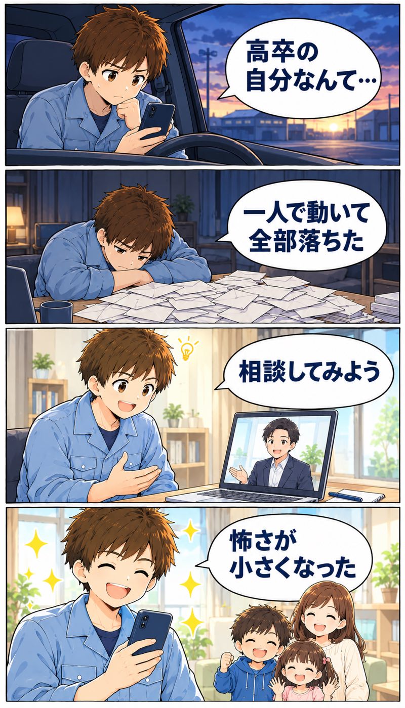 4コマ漫画。高卒の自分なんてと悩み、一人で動いて全部落ちた男性が、相談してみようと決め、怖さが小さくなって家族と笑う流れ