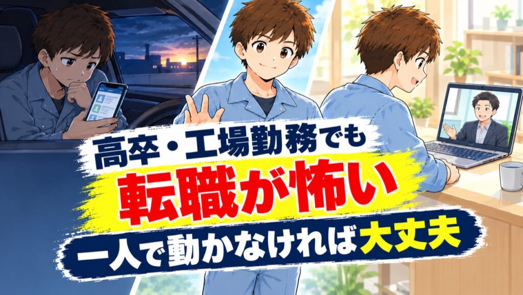 高卒・工場勤務でも転職が怖いなら一人で動かなければ大丈夫と伝えるアイキャッチ。車内でスマホを見て悩む男性とオンラインで相談する男性