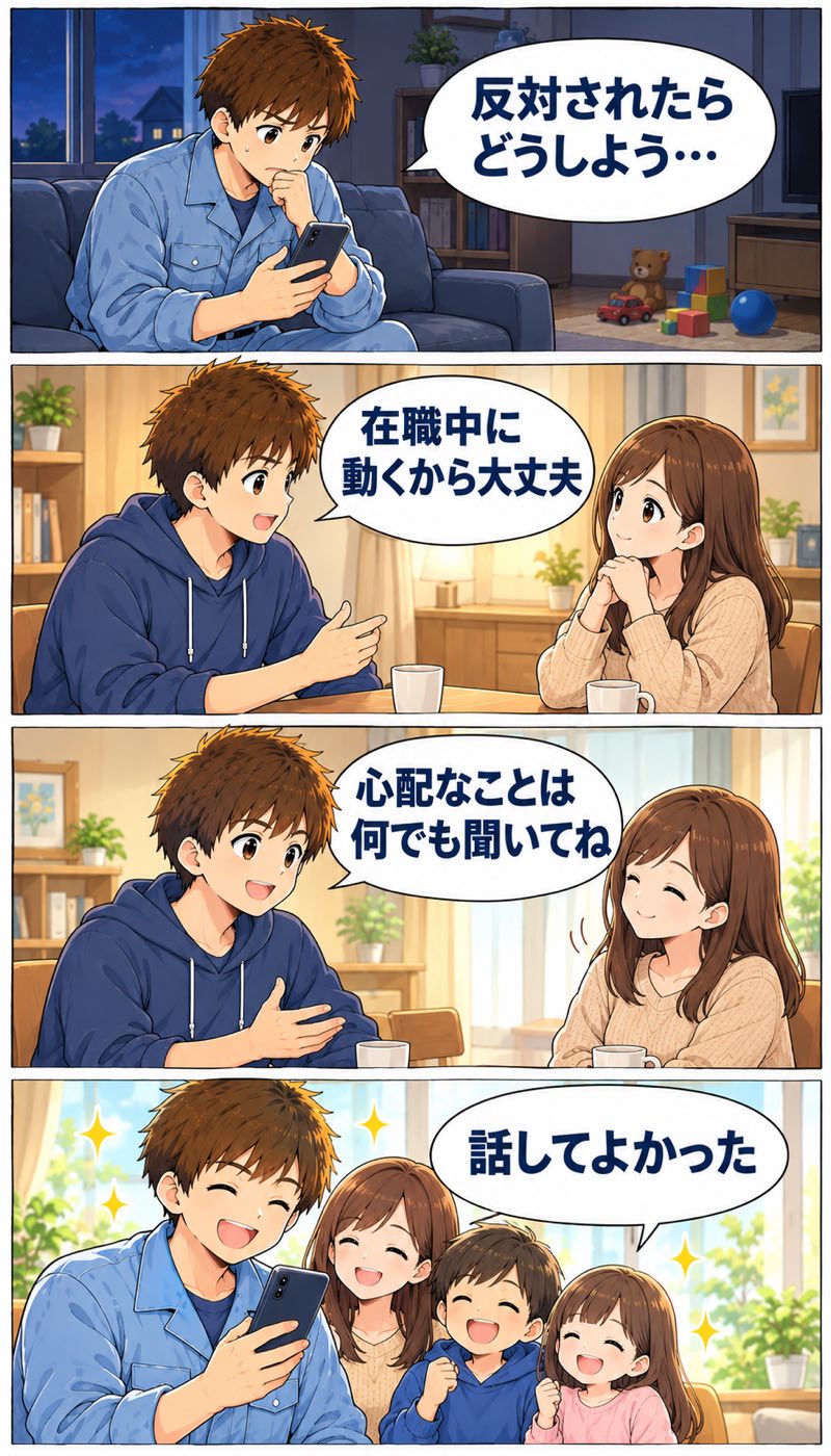 4コマ漫画。反対されたらどうしようと悩む男性が、在職中に動くから大丈夫、心配なことは何でも聞いてねと妻に伝え、家族と笑顔で話してよかったと思う流れ