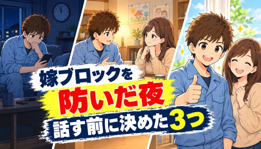 嫁ブロックを防いだ夜を示すアイキャッチ。夜に悩む作業着の男性、妻に転職を切り出す男性、笑顔の夫婦