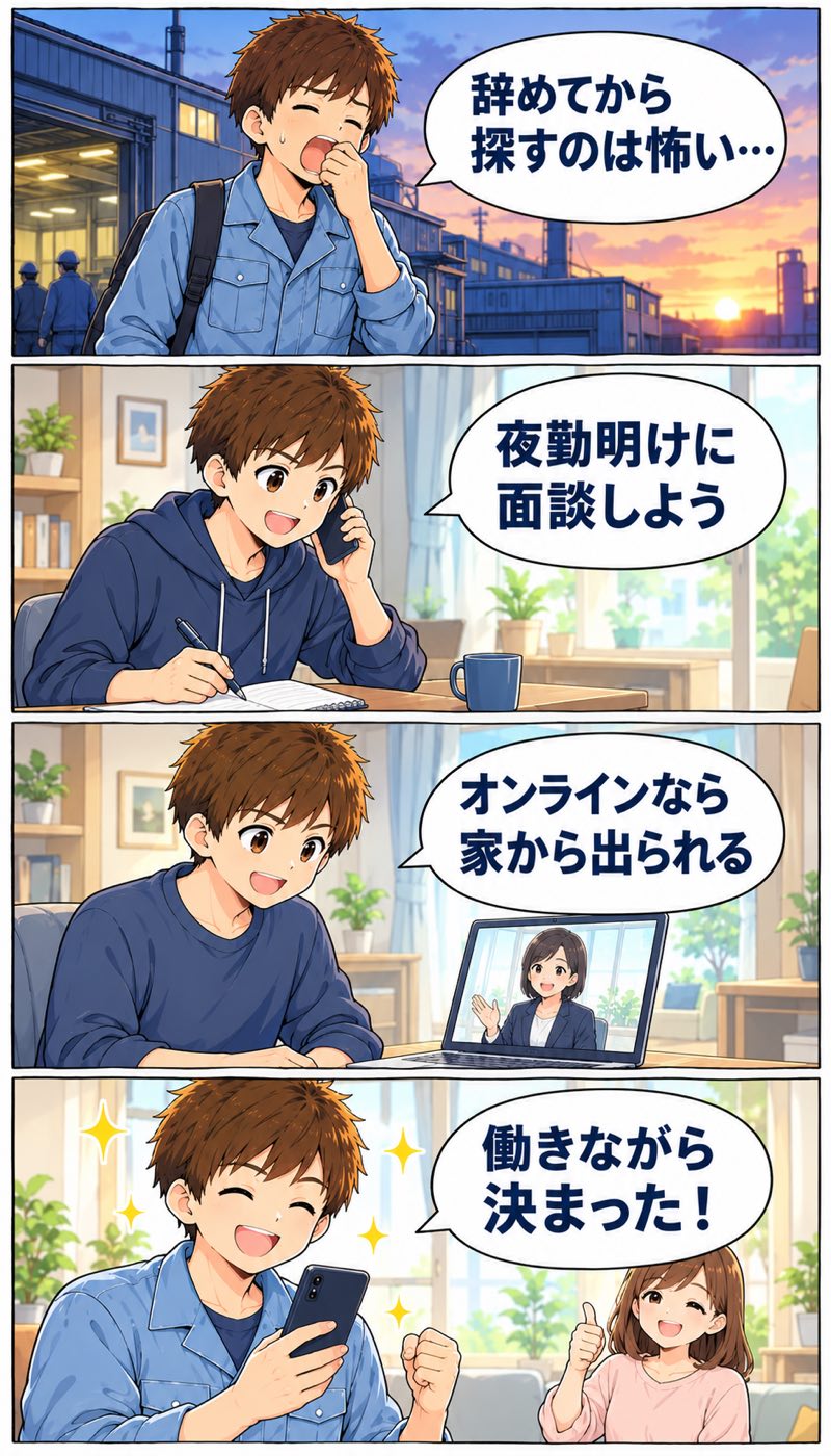 4コマ漫画。辞めてから探すのは怖いと感じた男性が、夜勤明けに電話で面談し、オンライン面談を使って、働きながら転職先が決まった流れ