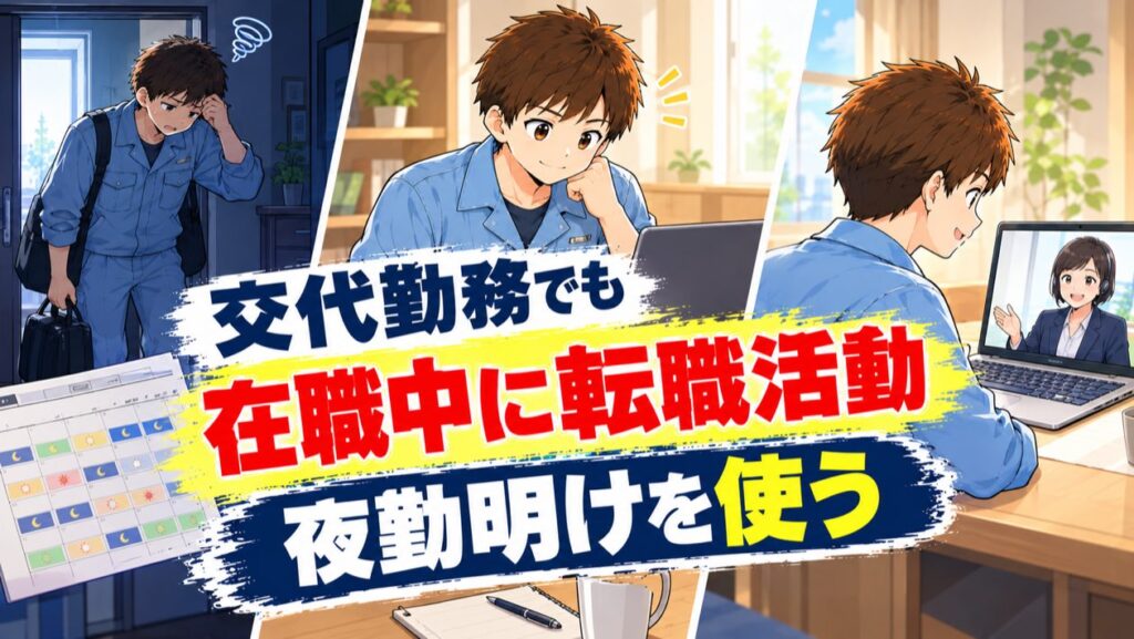 交代勤務でも在職中に転職活動ができることを示すアイキャッチ。夜勤明けの男性と、シフト表、オンライン面談をする男性