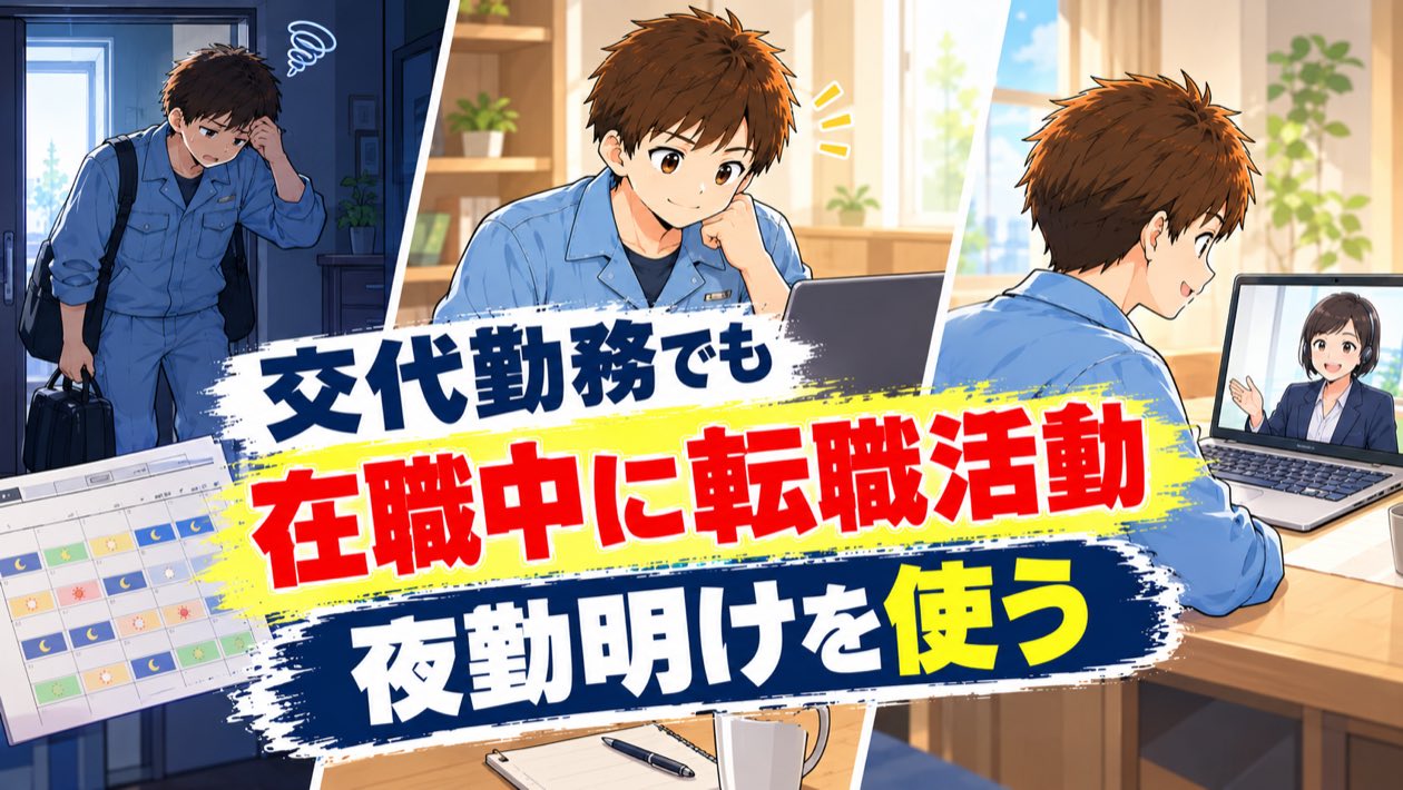 交代勤務でも在職中に転職活動ができることを示すアイキャッチ。夜勤明けの男性と、シフト表、オンライン面談をする男性