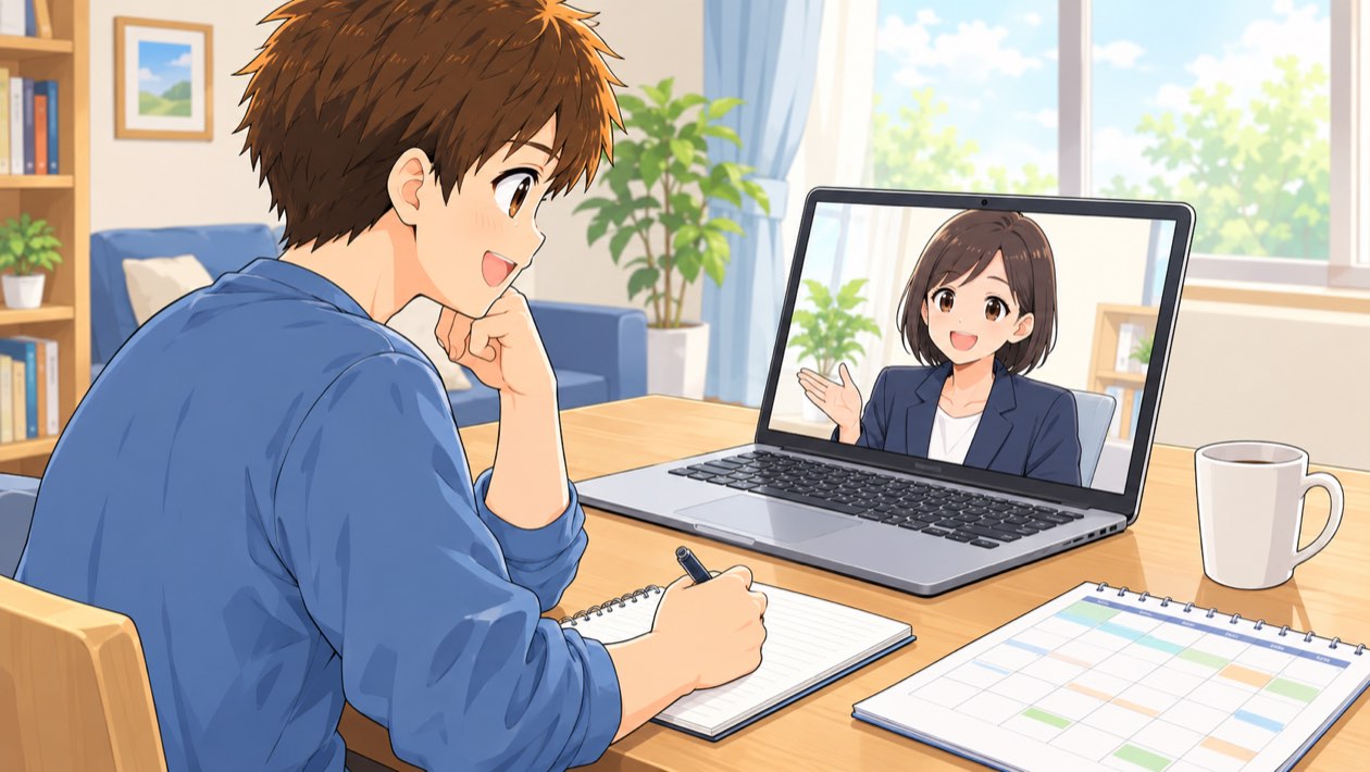 自宅でメモを取りながらオンライン面談を受ける男性のイラスト